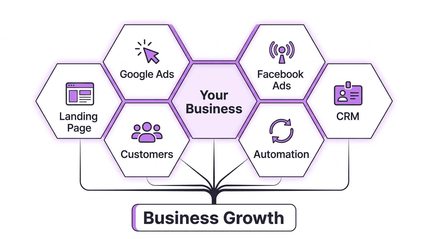 One business at the centre, connected to Google Ads, Facebook Ads, landing page, customers, CRM and automation, all flowing together into business growth.