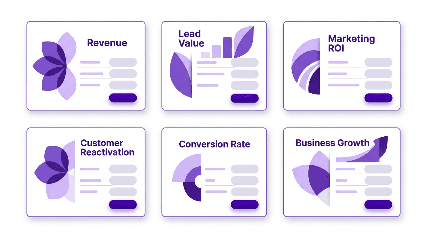 Six business calculators: revenue, lead value, marketing ROI, customer reactivation, conversion rate, and business growth.