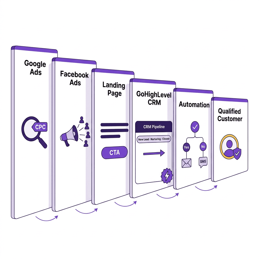 Google Ads, Facebook Ads, landing page, GoHighLevel CRM and automation connecting to a qualified customer.