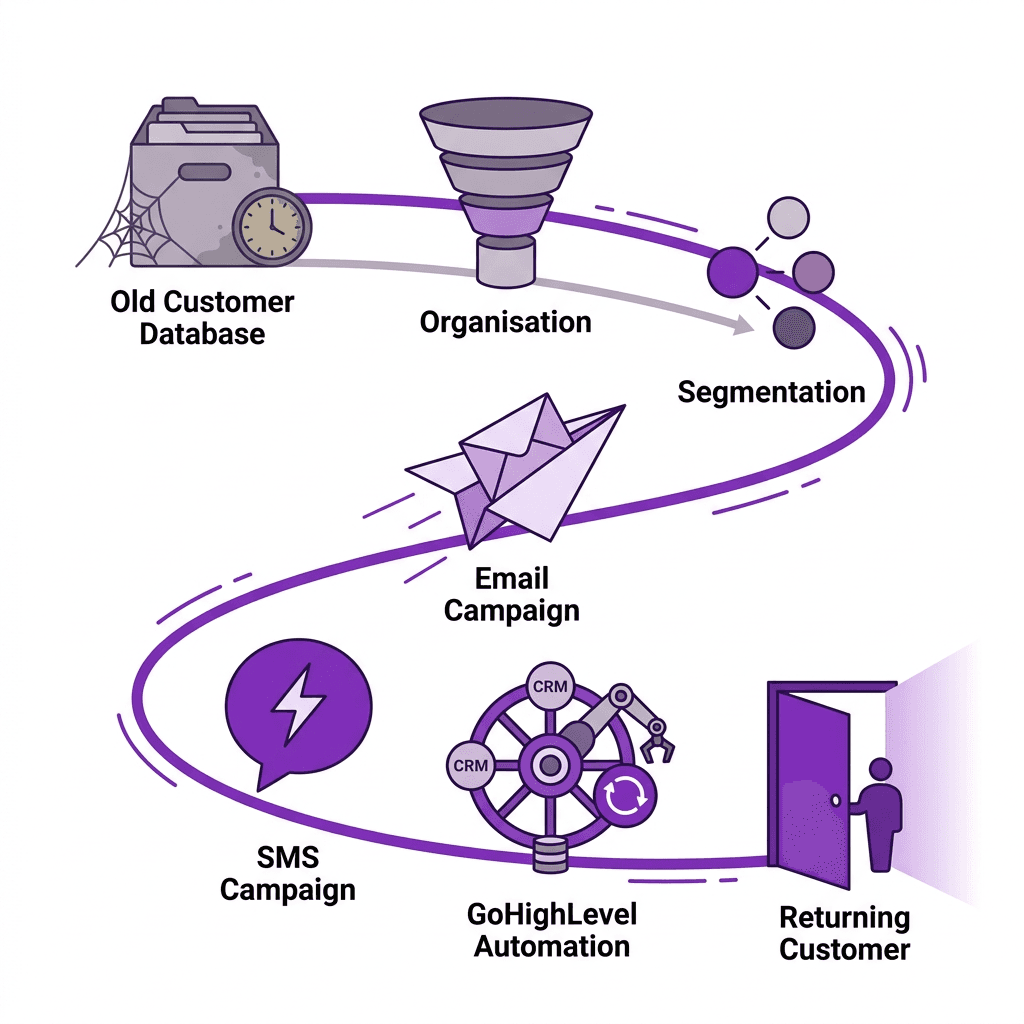 An old customer database being organised and segmented, then reached with email and SMS campaigns and GoHighLevel automation, returning as a customer.